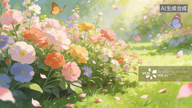 【AI数字艺术】花丛蝴蝶飞舞的春日景象图片素材