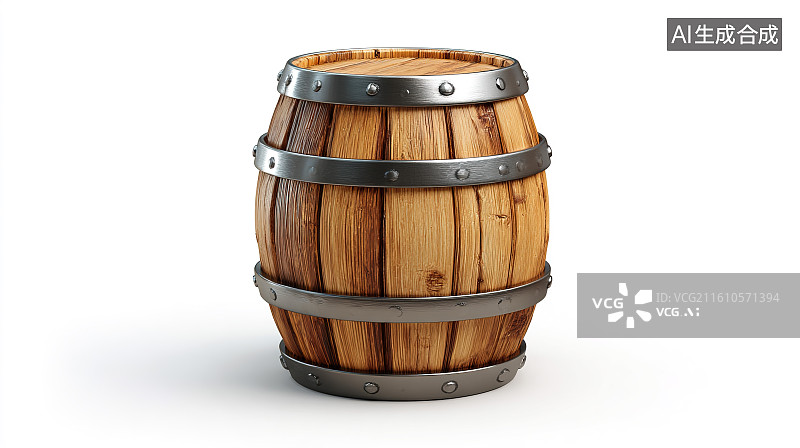 【AI数字艺术】白色背景下的复古木质金属箍木桶图片素材