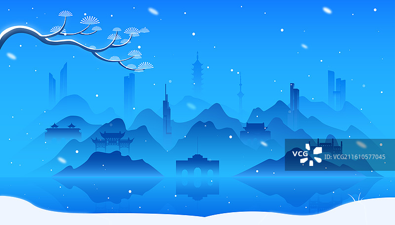 南京城市建筑冬天千里江山插画图片素材