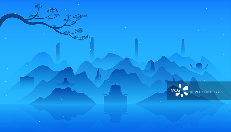 南宁城市建筑冬天千里江山插画图片素材