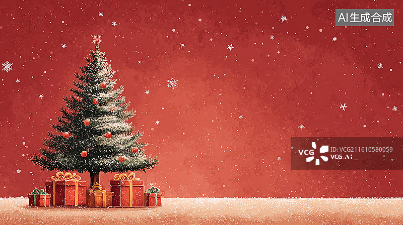 【AI数字艺术】红色背景下的圣诞树与礼物图片素材