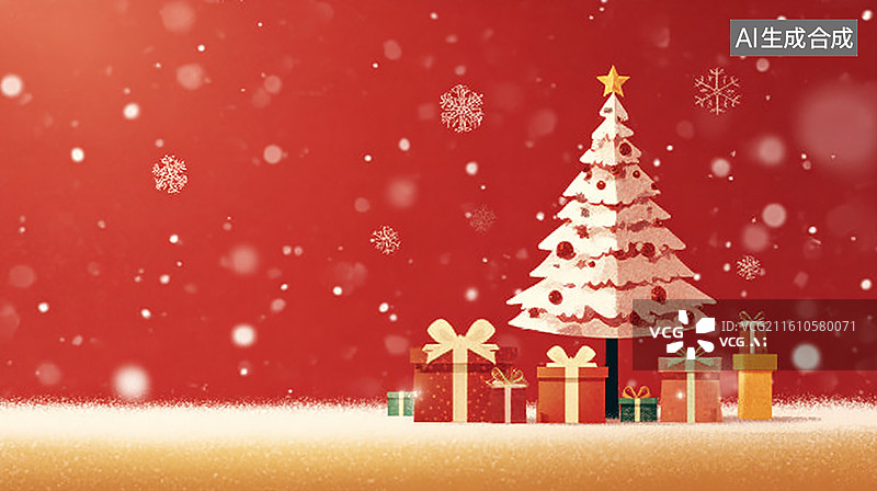 【AI数字艺术】红色背景下的圣诞树与礼物图片素材