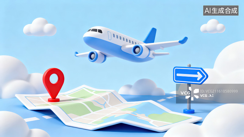 【AI数字艺术】蓝色背景下卡通飞机地图红色定位标识云朵和指示牌，飞机与旅行主题节假日元旦出行搭乘交通工具主题概念图片素材