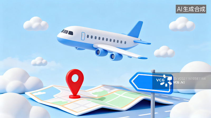 【AI数字艺术】蓝色背景下卡通飞机地图红色定位标识云朵和指示牌，飞机与旅行主题节假日元旦出行搭乘交通工具主题概念图片素材
