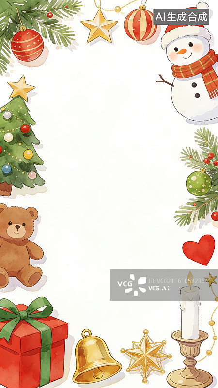 【AI数字艺术】水彩风圣诞边框节日装饰雪人圣诞树礼物铃铛玩偶熊等元素手绘竖屏背景图片素材