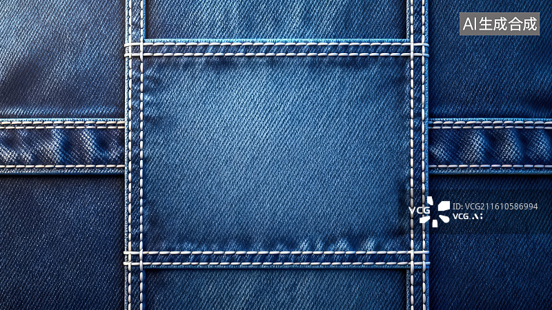 【AI数字艺术】蓝色牛仔布艺纹理缝线空白边框构图图片素材