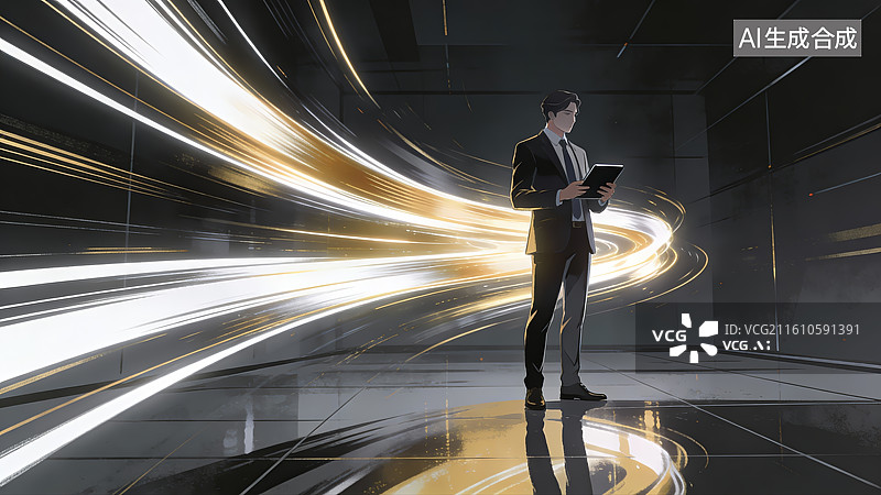 【AI数字艺术】商务人士在科技光流中阅读图片素材