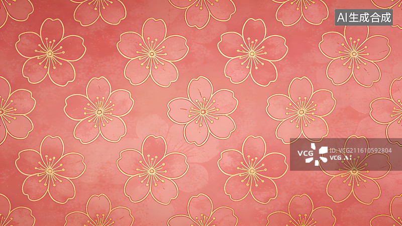【AI数字艺术】粉色底色线描樱花复古花纹装饰无缝图案背景图片素材