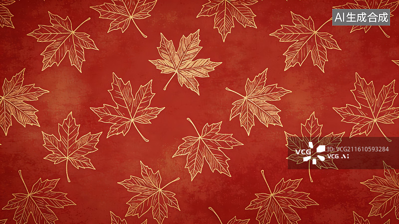 【AI数字艺术】酒红色底色金色线描枫叶复古花纹装饰无缝图案背景图片素材
