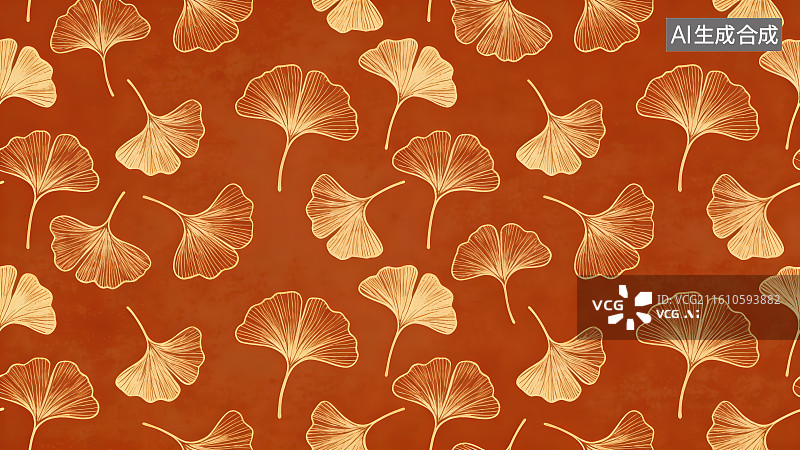 【AI数字艺术】酒红色底色金色线描银杏叶复古花纹装饰无缝图案背景图片素材