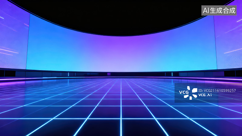 【AI数字艺术】未来科技网格灯光蓝紫色渐变光效舞台环形屏幕宽边荧屏人造空间背景图片素材