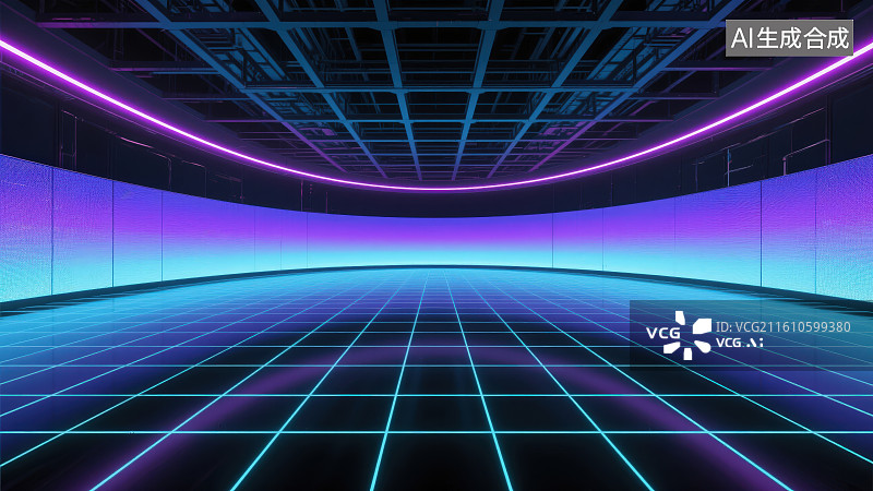 【AI数字艺术】未来科技网格灯光蓝紫色渐变光效舞台环形屏幕宽边荧屏人造空间背景图片素材