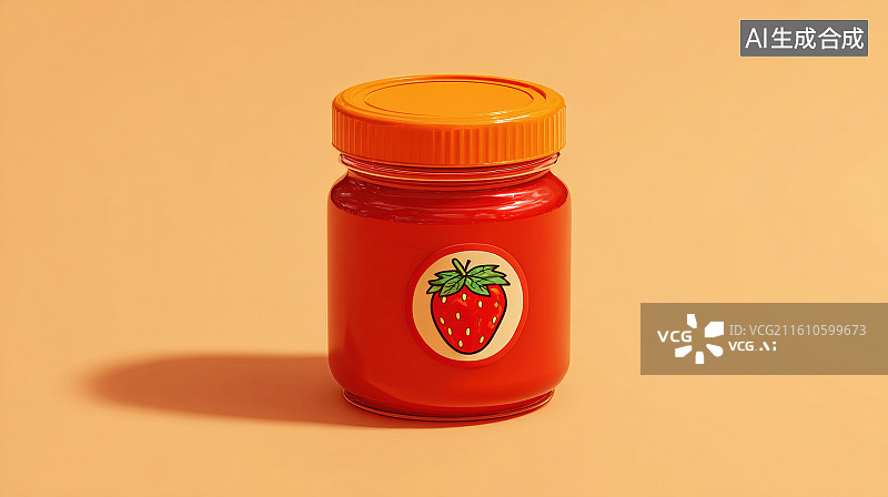 【AI数字艺术】带草莓贴纸的红色果酱罐 3D 展示图片素材