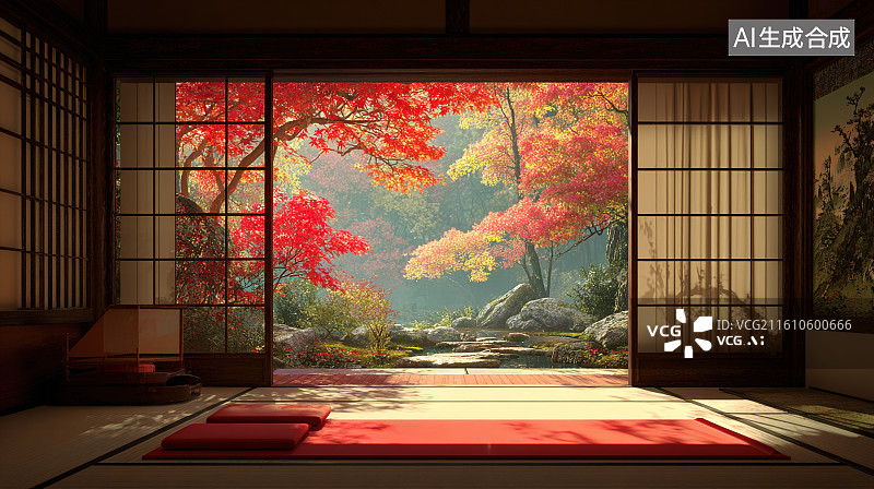 【AI数字艺术】日式和室中眺望红叶庭院的场景图片素材
