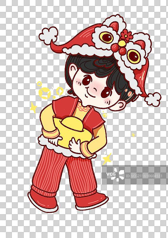 新年拿着元宝带着虎头帽的男孩图片素材