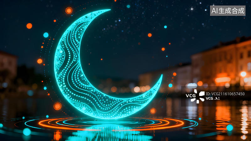 【AI数字艺术】发光新月倒映水面夜景图片素材