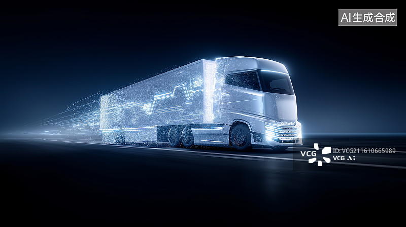 【AI数字艺术】智慧交通科技背景——抽象蓝色发光无人驾驶卡车，智慧物流，交通运输图片素材