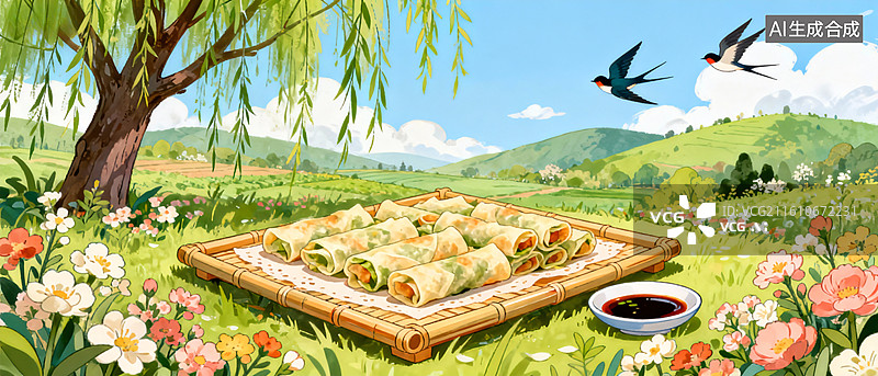 【AI数字艺术】春日野餐春卷美食插画图片素材
