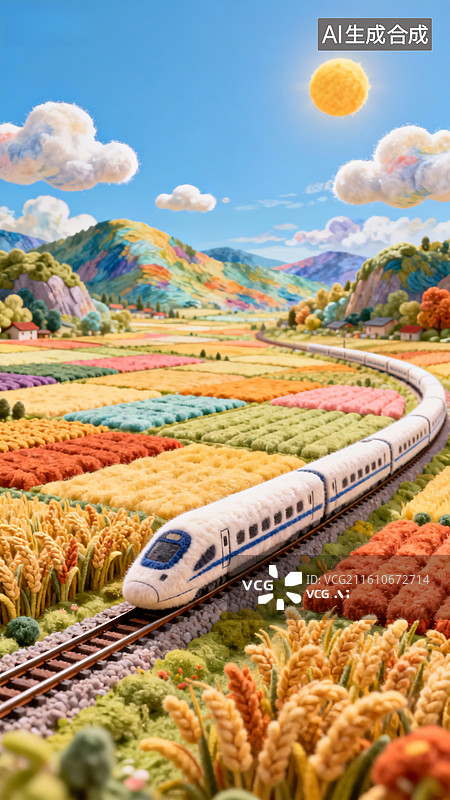 【AI数字艺术】阳光下高铁穿过彩色的田野图片素材