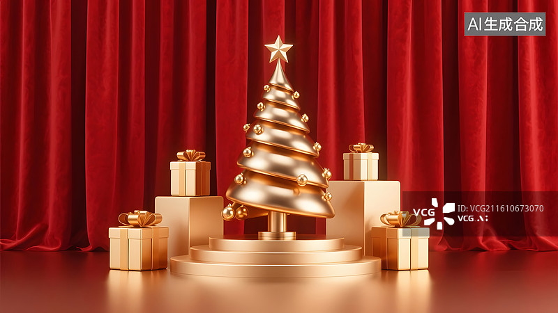 【AI数字艺术】圣诞流金树与礼盒呈现华丽场景图片素材
