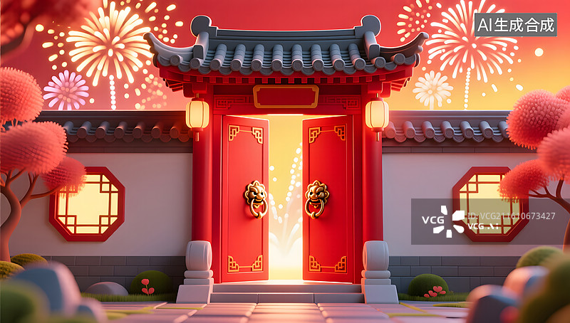 【AI数字艺术】中式庭院大门红色仙境热烈欢快图片素材