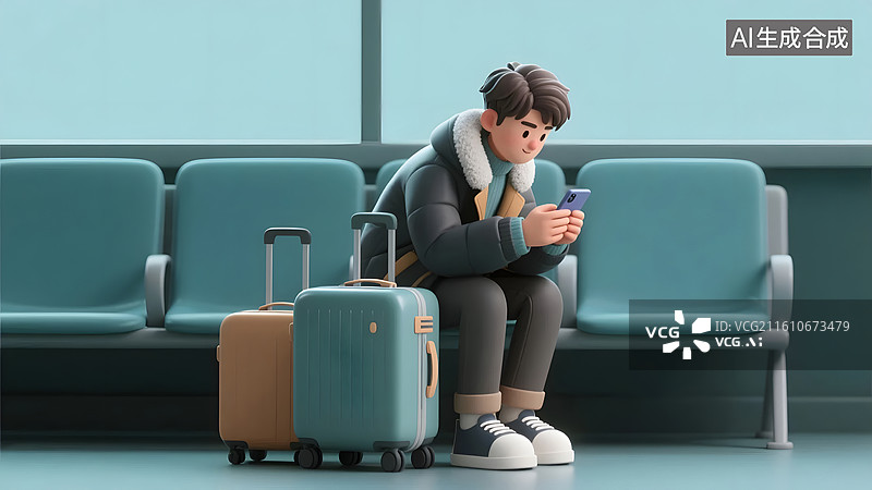 【AI数字艺术】春运候车室年轻人休闲生活特写图片素材
