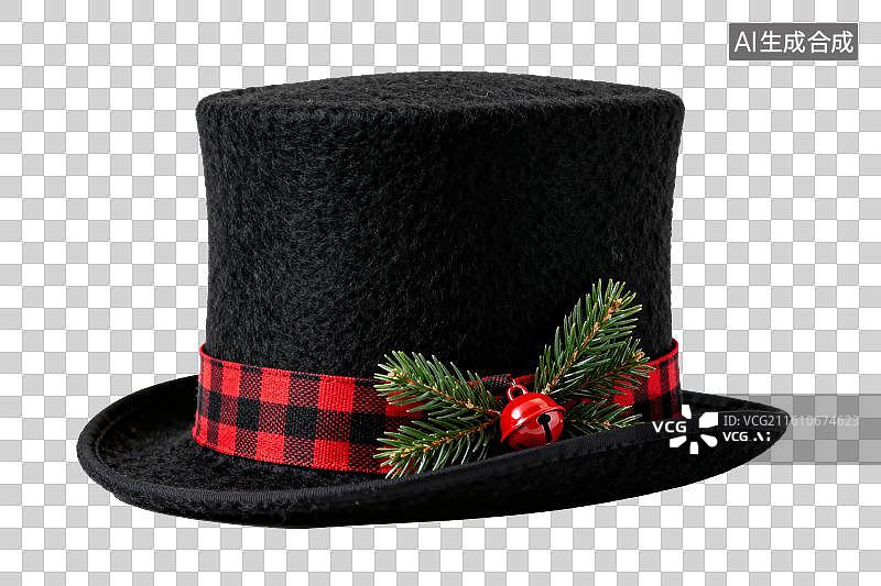 【AI数字艺术】黑色礼帽配红格纹带松枝铃铛装饰图片素材