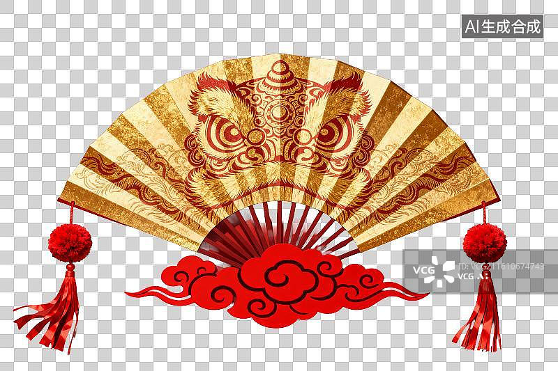 【AI数字艺术】传统风格虎面纹饰折扇配红流苏图片素材