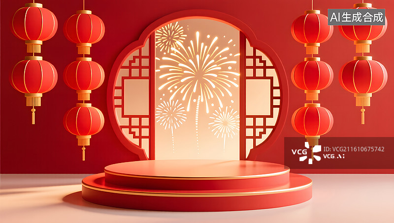 【AI数字艺术】新年灯笼舞台营造喜庆节日氛围图片素材