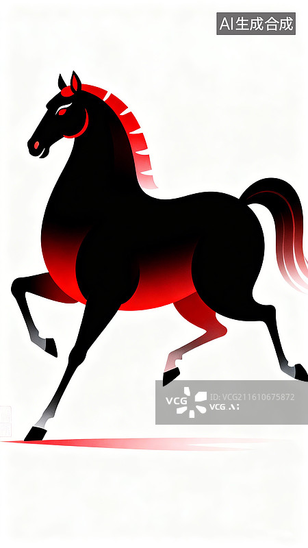 【AI数字艺术】新国风，东方美学，极简图案，扁平插画，马在奔跑，矢量动物剪影，渐变黑到红，白色卡纸背景，卡通动物图片素材