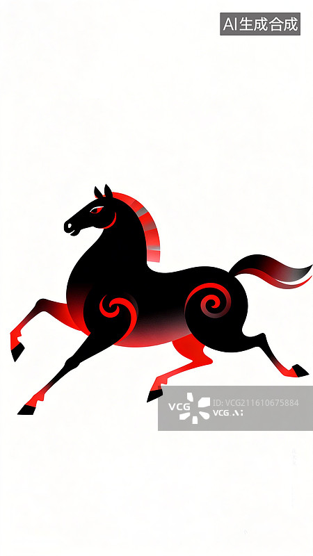 【AI数字艺术】新国风，东方美学，极简图案，扁平插画，马在奔跑，矢量动物剪影，渐变黑到红，白色卡纸背景，卡通动物图片素材