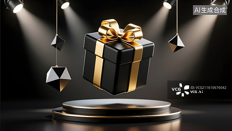 【AI数字艺术】黑色星期五金色礼盒在光影中呈现图片素材