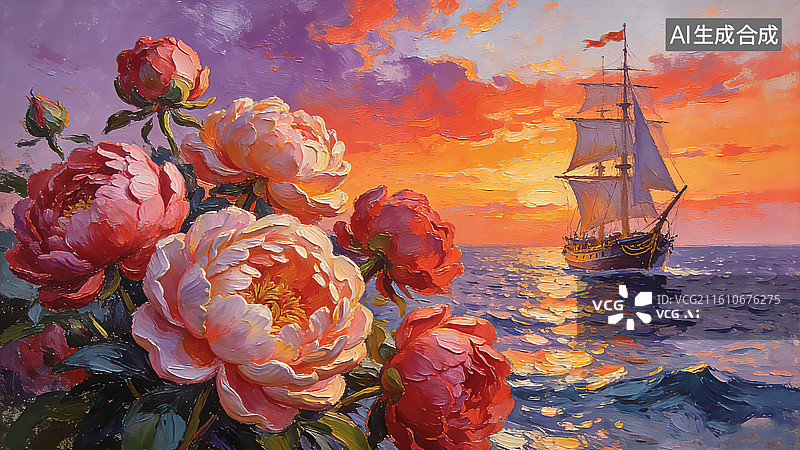 【AI数字艺术】海岸边的落日与牡丹图片素材
