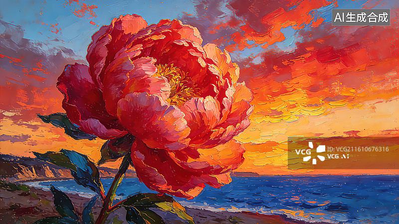 【AI数字艺术】海岸边的落日与牡丹图片素材