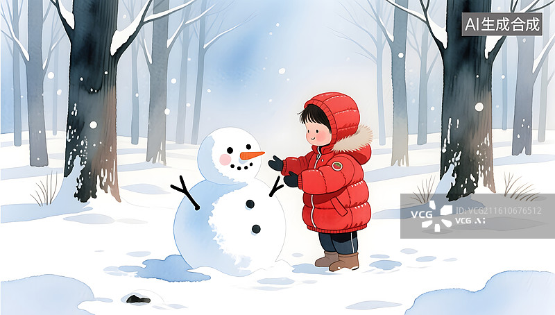 【AI数字艺术】红衣儿童在冬日森林里与雪人温暖互动图片素材