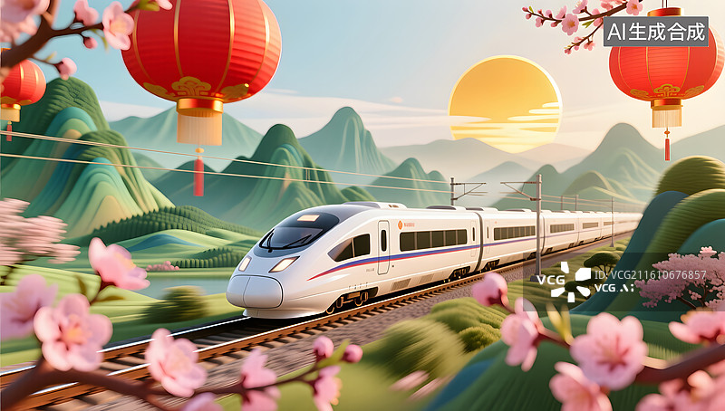【AI数字艺术】白色高铁穿越青绿山水春节回家图片素材
