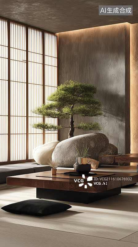 【AI数字艺术】日式禅意客厅图片素材