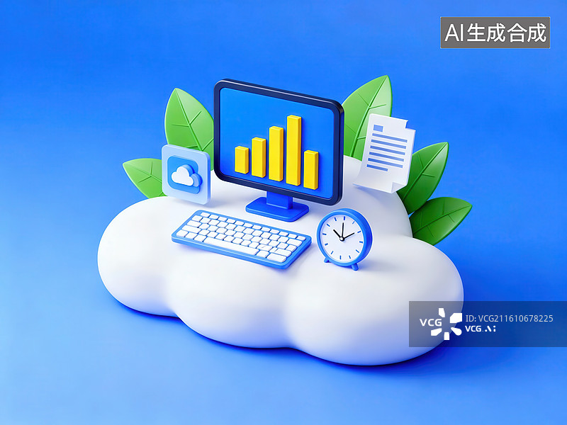 【AI数字艺术】云上办公设备与数据图表图片素材