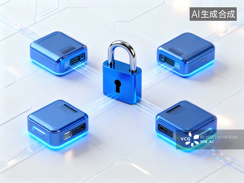 【AI数字艺术】蓝色设备与锁连接示意图图片素材