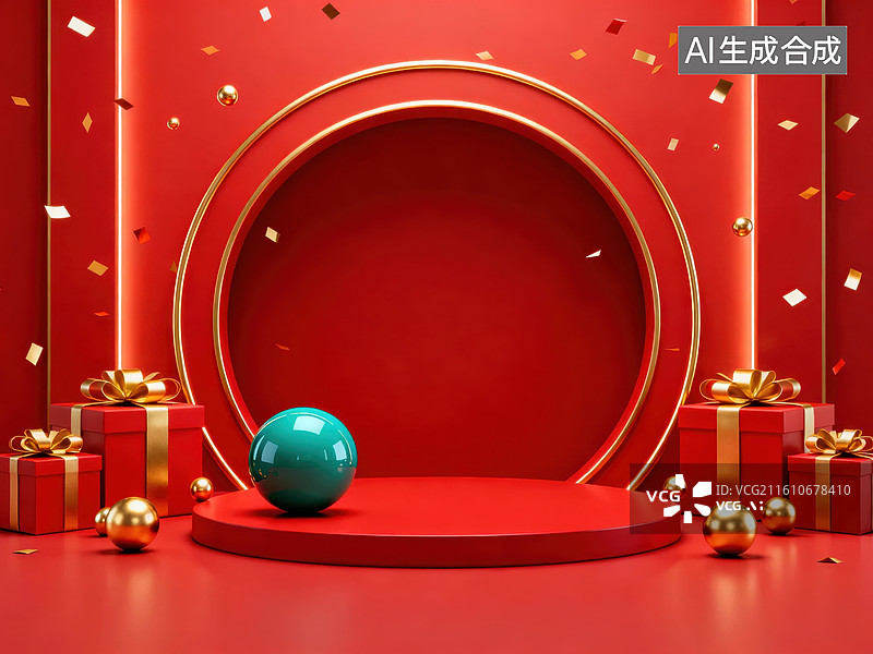 【AI数字艺术】红色节日场景与金色装饰图片素材