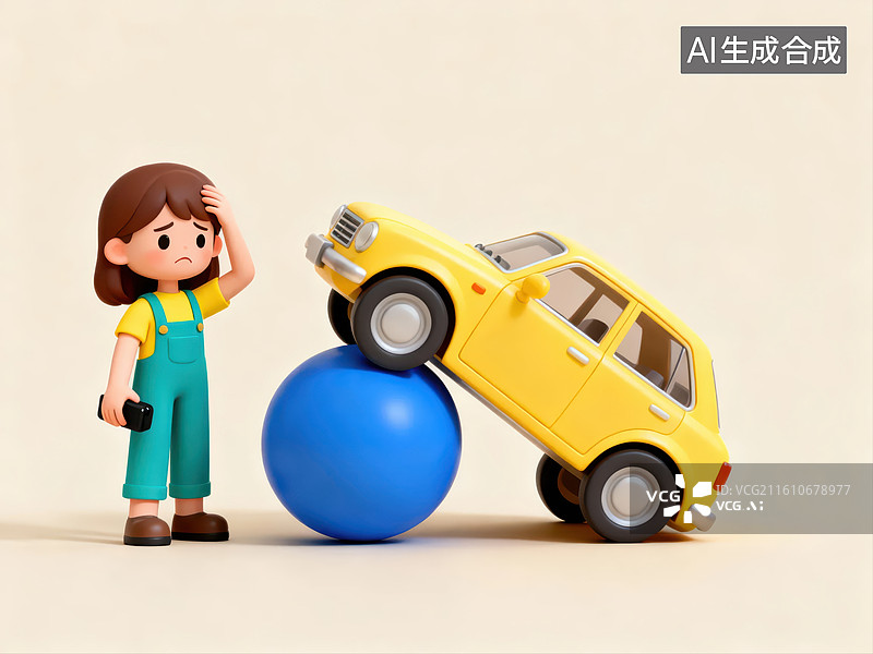 【AI数字艺术】女孩与黄色汽车平衡在蓝色球上图片素材