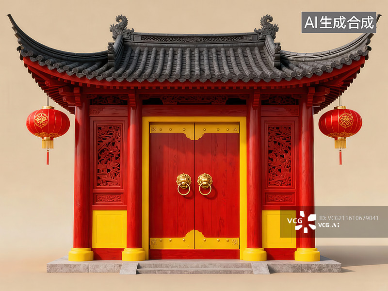 【AI数字艺术】中式传统红色门楼建筑图片素材