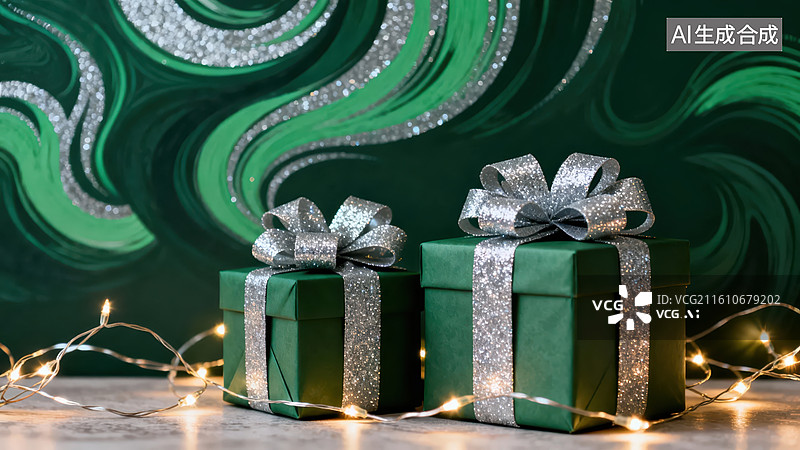 【AI数字艺术】绿色礼盒与节日灯光装饰图片素材