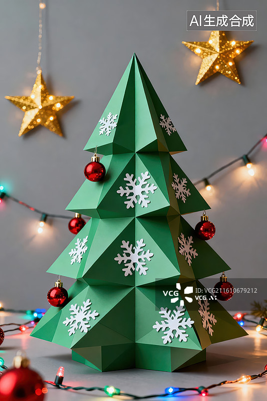 【AI数字艺术】绿色折纸圣诞树装饰图片素材