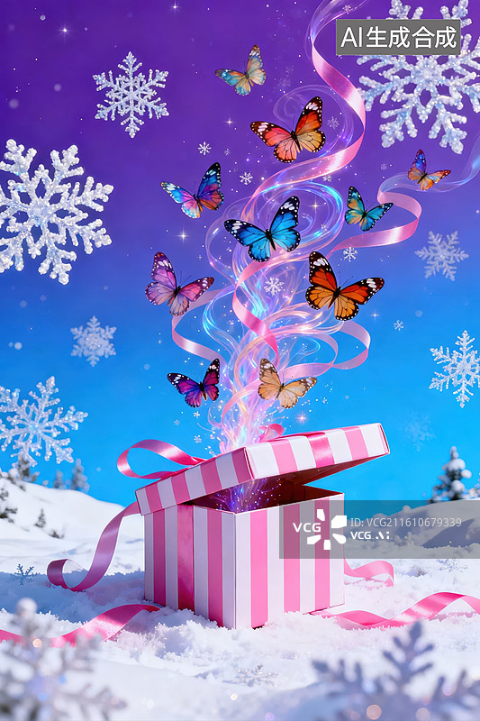 【AI数字艺术】雪地礼盒中飞出蝴蝶图片素材