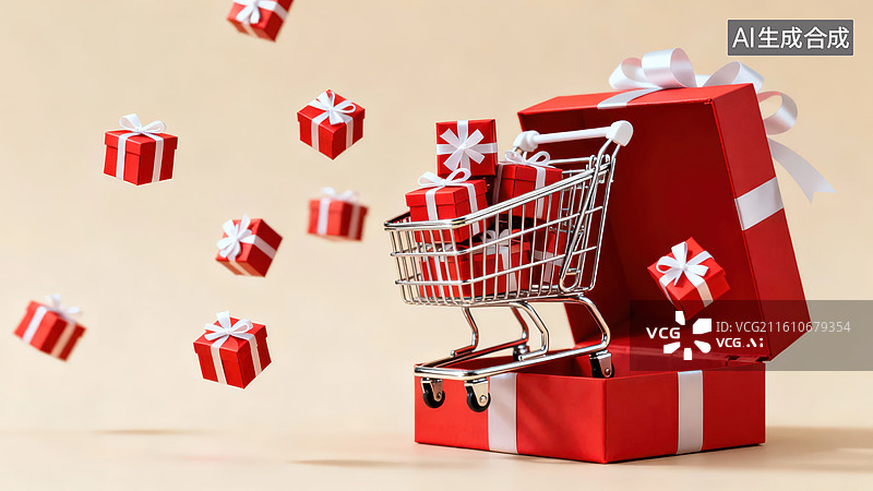 【AI数字艺术】购物车与礼盒飞舞场景图片素材
