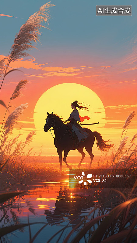 【AI数字艺术】夕阳芦苇荡中骑马的女侠国风插画图片素材