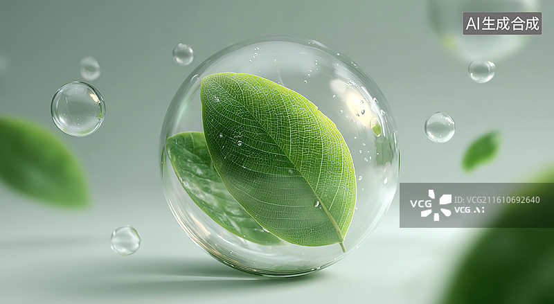 【AI数字艺术】绿叶悬浮于透明水泡中图片素材