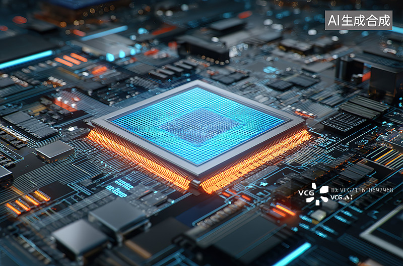 【AI数字艺术】发光芯片电路板特写图片素材