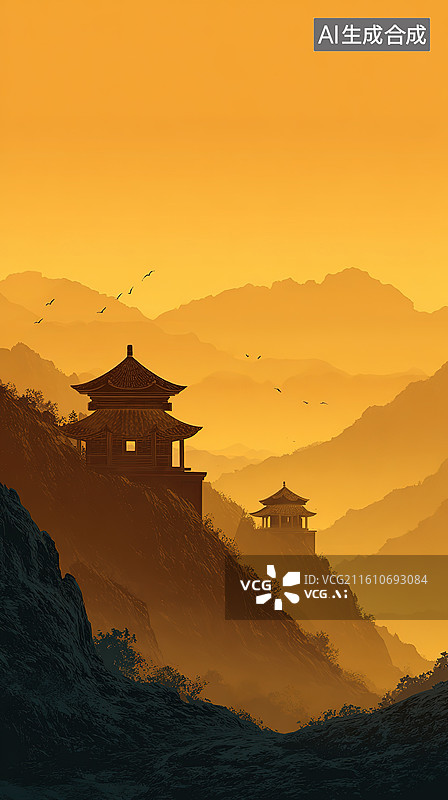 【AI数字艺术】山间古塔晨曦剪影图片素材